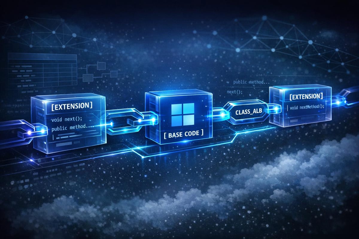 Infografía conceptual que ilustra el funcionamiento del Chain of Command (CoC) en Dynamics 365